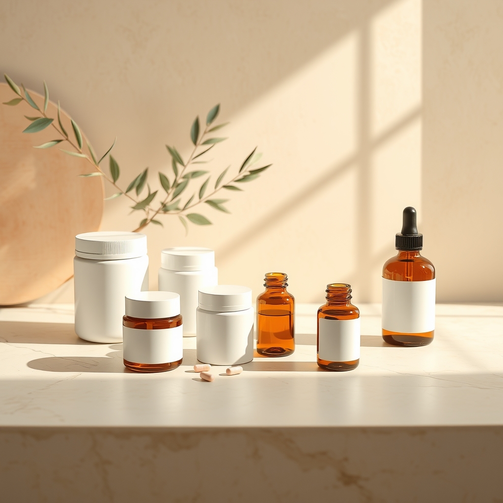 Pažljivo aranžirani suplementi i staklene bočice na kamenoj površini na dnevnom svetlu